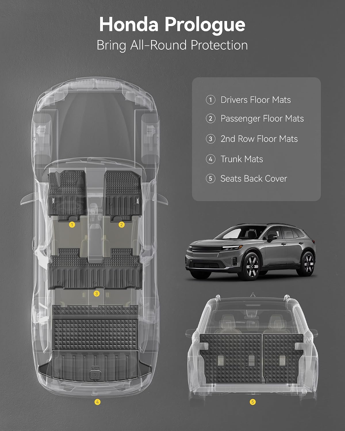 3W Floor Mats & Cargo Liner for 2024 2025 2026 Honda Prologue & Chevrolet Blazer EV, All Weather Protection Car Mats with Backrest Mat, Back Seat Cover Protector for 2025 Prologue Accessories, Black
