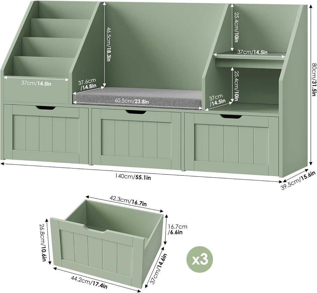FOTOSOK 55.1'' Kids Bookshelf with Reading Nook, Toy Storage Organizer with Seat Cushion and 3 Movable Drawers, Kids Reading Nook Toy Organizers and Storage with Bench for Playroom, Bedroom, Green