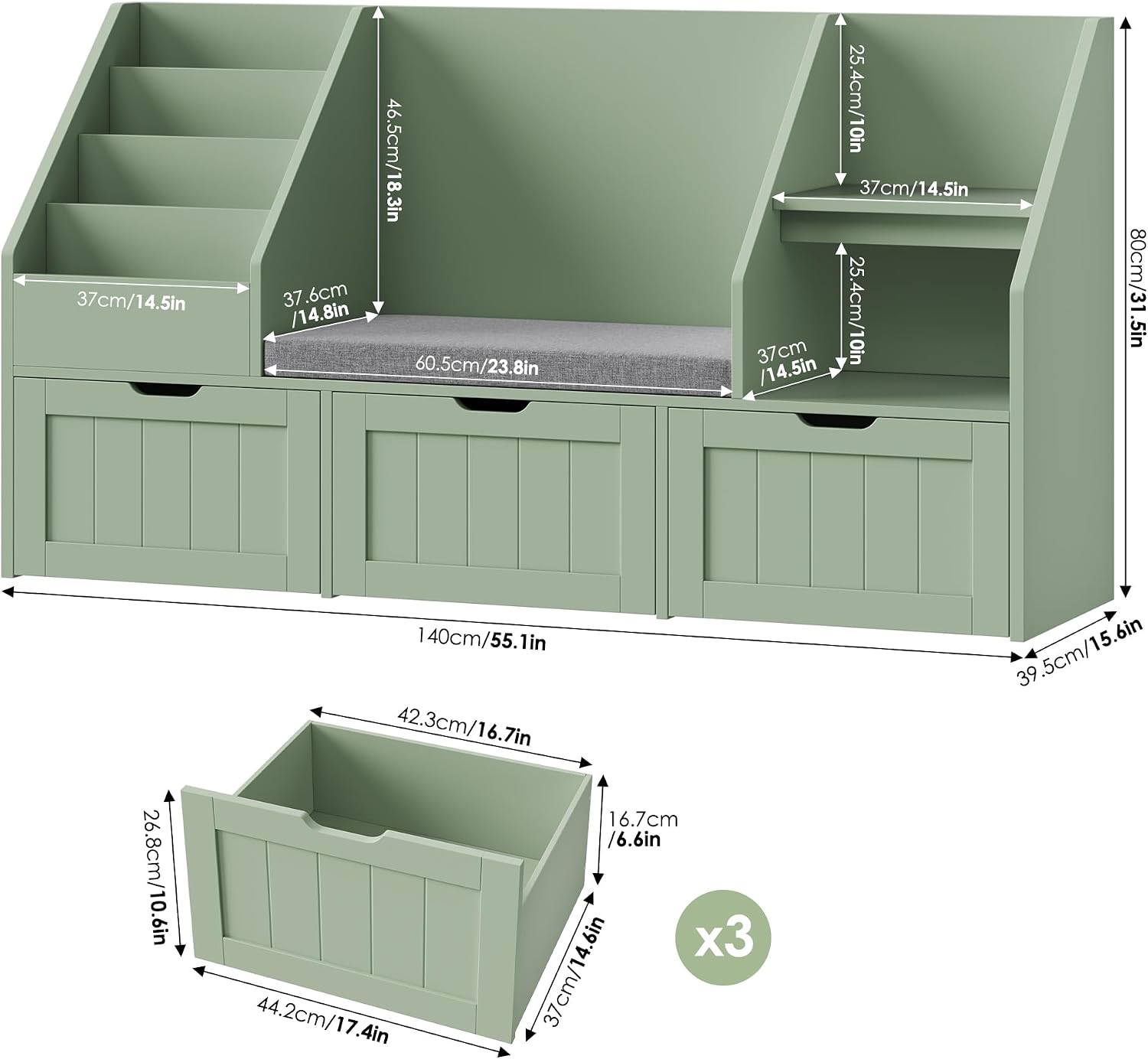 FOTOSOK 55.1'' Kids Bookshelf with Reading Nook, Toy Storage Organizer with Seat Cushion and 3 Movable Drawers, Kids Reading Nook Toy Organizers and Storage with Bench for Playroom, Bedroom, Green