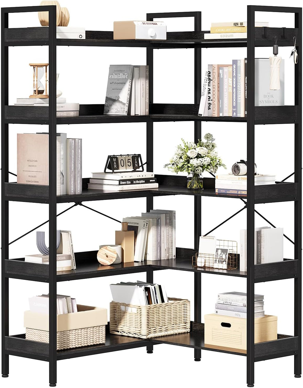 KOUSEI 5-Tier Corner Bookshelf, Reversible L-Shaped Bookcase with 4 Hooks, 65' Industrial Wood & Metal Storage Shelf for Living Room, Home Office & Bedroom, Black