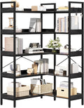 KOUSEI 5-Tier Corner Bookshelf, Reversible L-Shaped Bookcase with 4 Hooks, 65' Industrial Wood & Metal Storage Shelf for Living Room, Home Office & Bedroom, Black