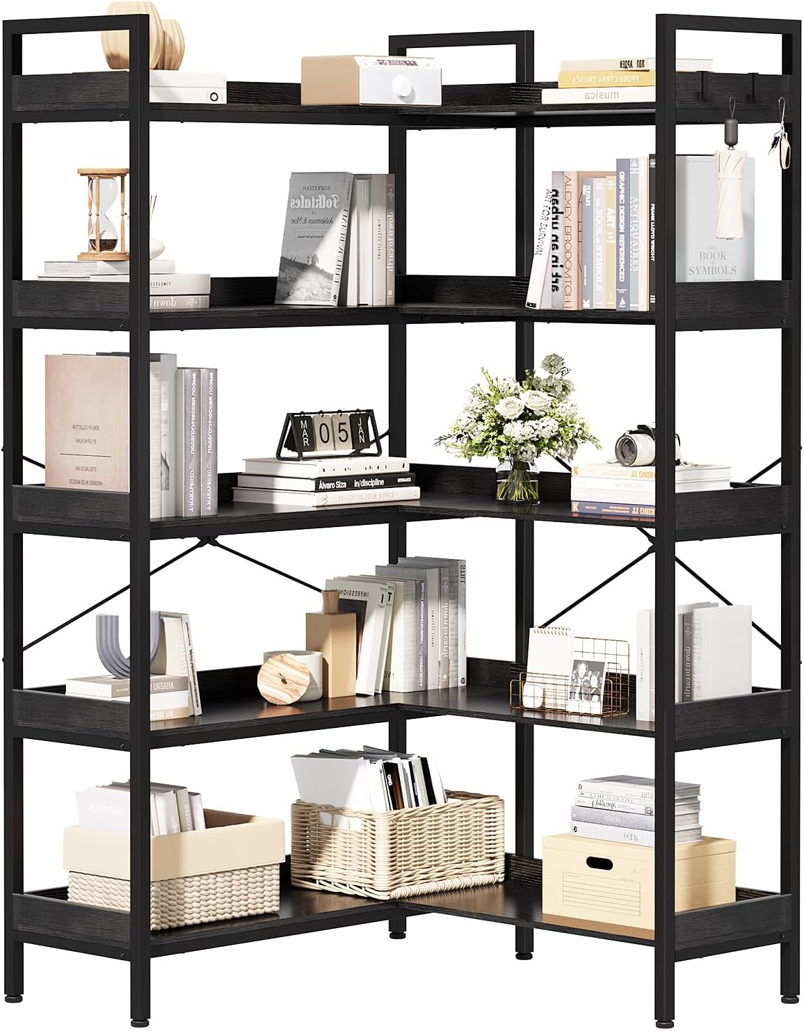 KOUSEI 5-Tier Corner Bookshelf, Reversible L-Shaped Bookcase with 4 Hooks, 65' Industrial Wood & Metal Storage Shelf for Living Room, Home Office & Bedroom, Black