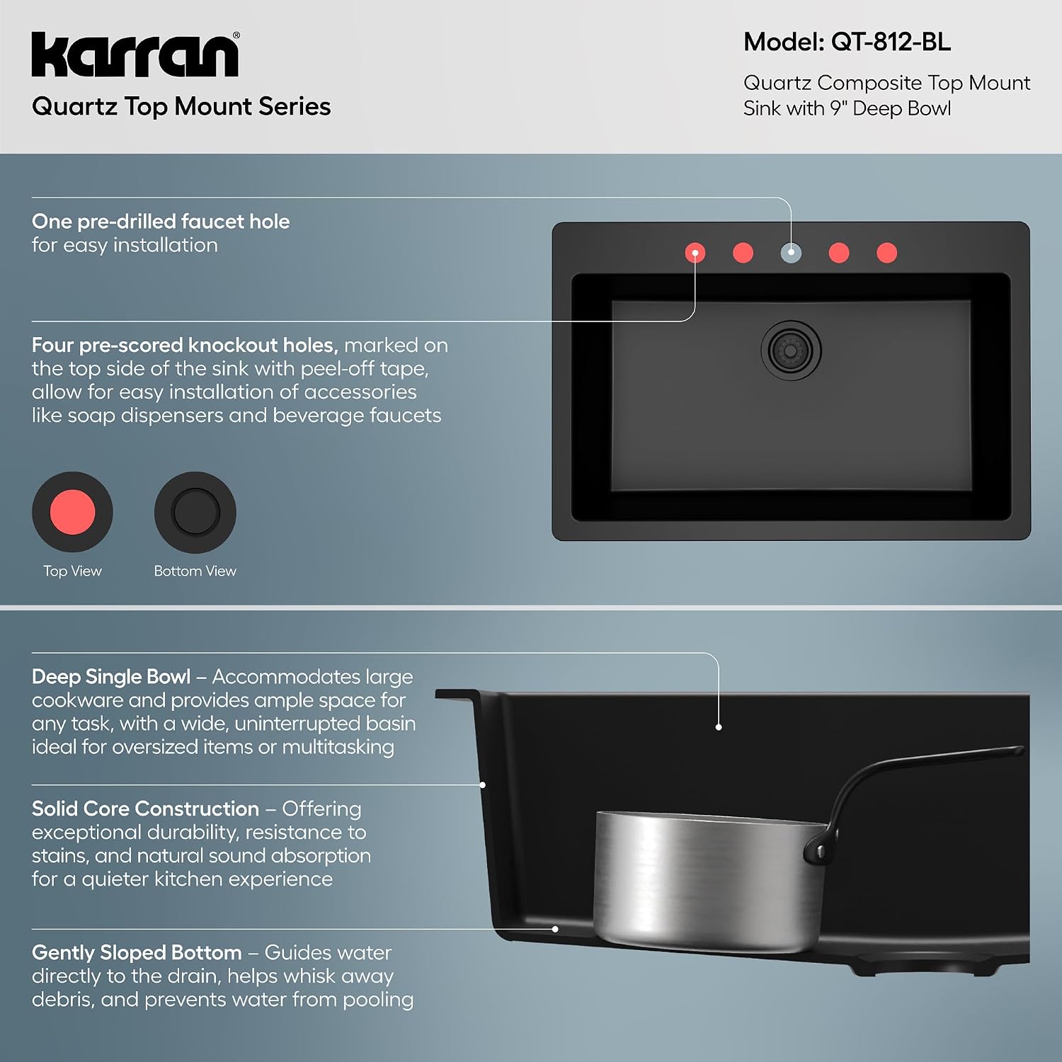 Karran 33' Drop-In Top Mount Quartz Composite Single Bowl Kitchen Sink in Black – Extra Deep 9' Basin, Heat Resistant, Sound Dampening, Easy Clean Surface