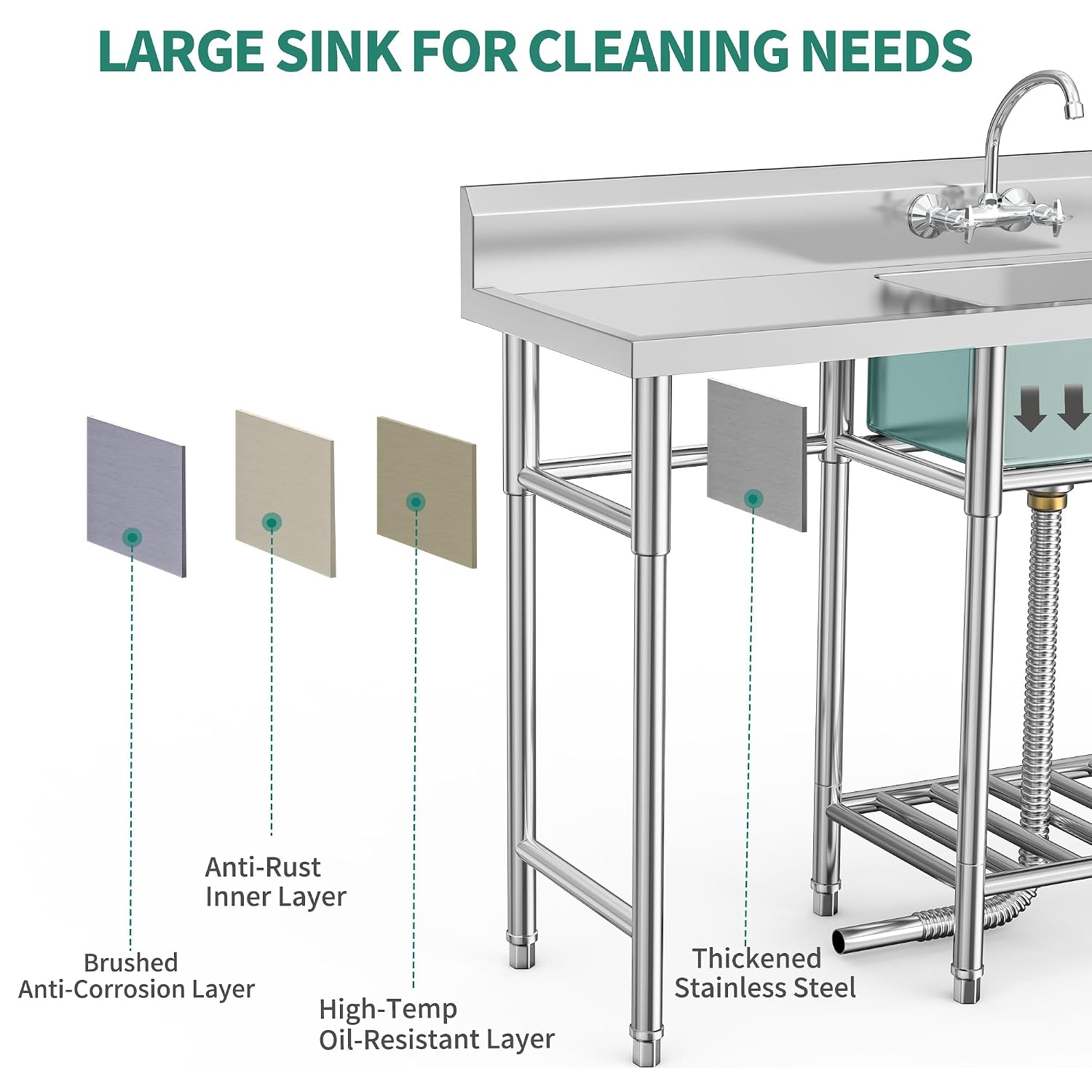 YITAHOME Stainless Steel Freestanding Utility Large Sink with 2 Drainboards & Cart Storage Space, Single Bowl NSF Commercial Prep Sink W/Storage Shelf for Restaurant, Laundry, Garage,Outdoor 50in