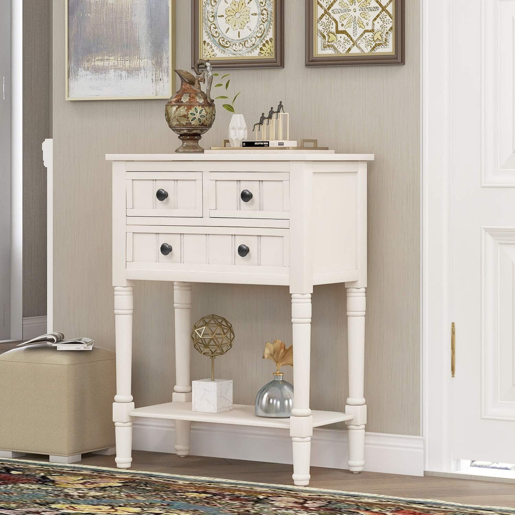 Knocbel Slim Antique Entry Console Table with Drawers & Bottom Open Shelf, Solid Wood Sofa Couch Table for Entryway Hallway Living Room (Ivory White)