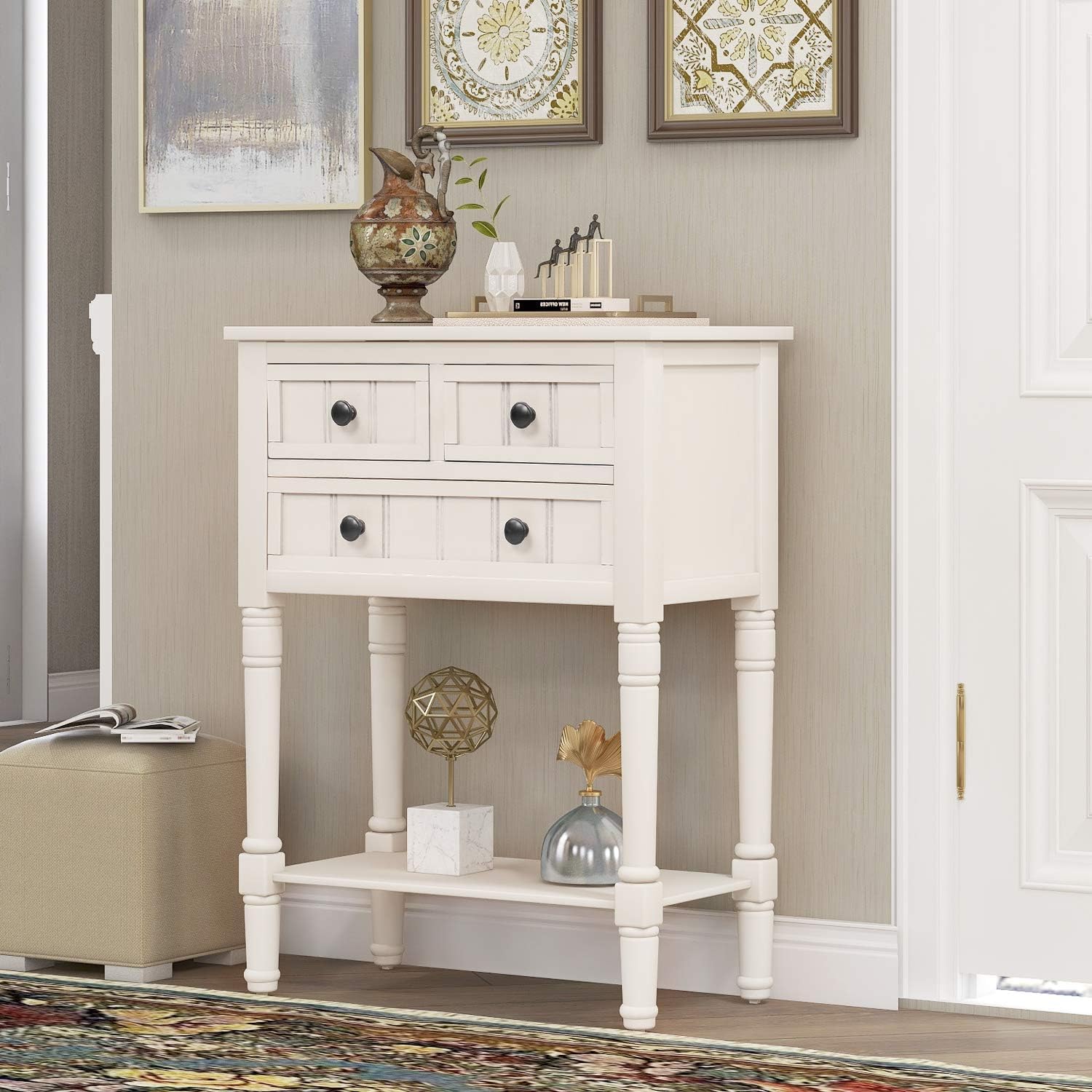 Knocbel Slim Antique Entry Console Table with Drawers & Bottom Open Shelf, Solid Wood Sofa Couch Table for Entryway Hallway Living Room (Ivory White)