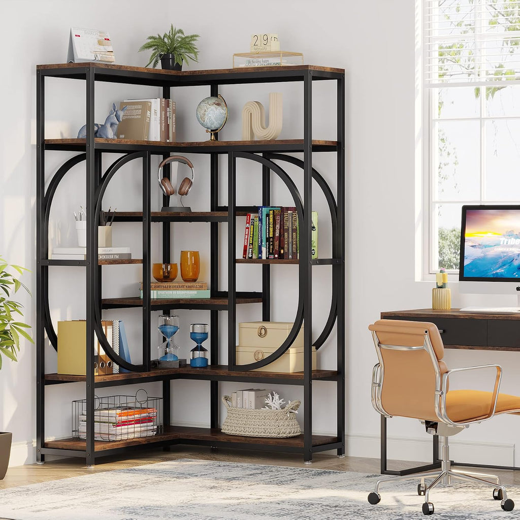 LITTLE TREE Large Corner Bookshelf Industrial Bookcase for Living Room Home Office,Brown