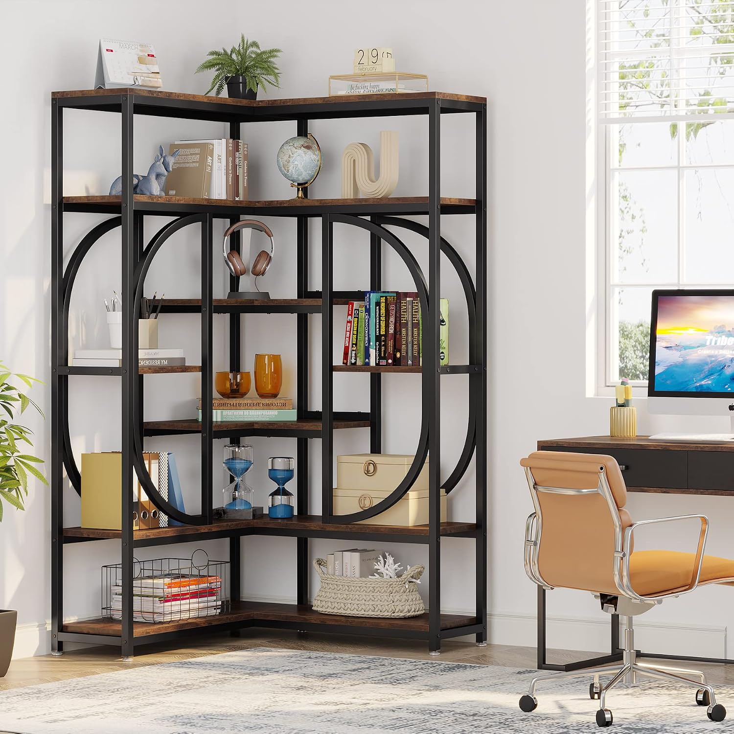 LITTLE TREE Large Corner Bookshelf Industrial Bookcase for Living Room Home Office,Brown