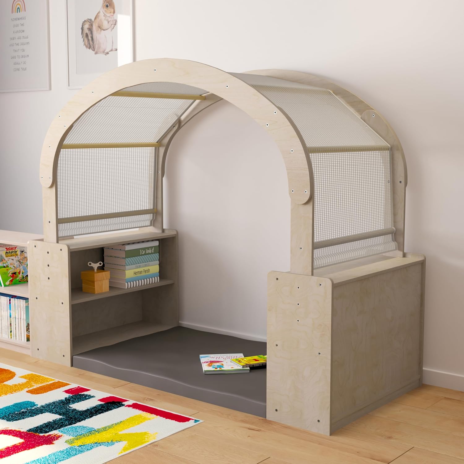 Classroom Essentials Commercial Grade Wooden Quiet Corner Reading Nook with Two Storage Shelf Units and Canopy-Green Guard Certified Wood