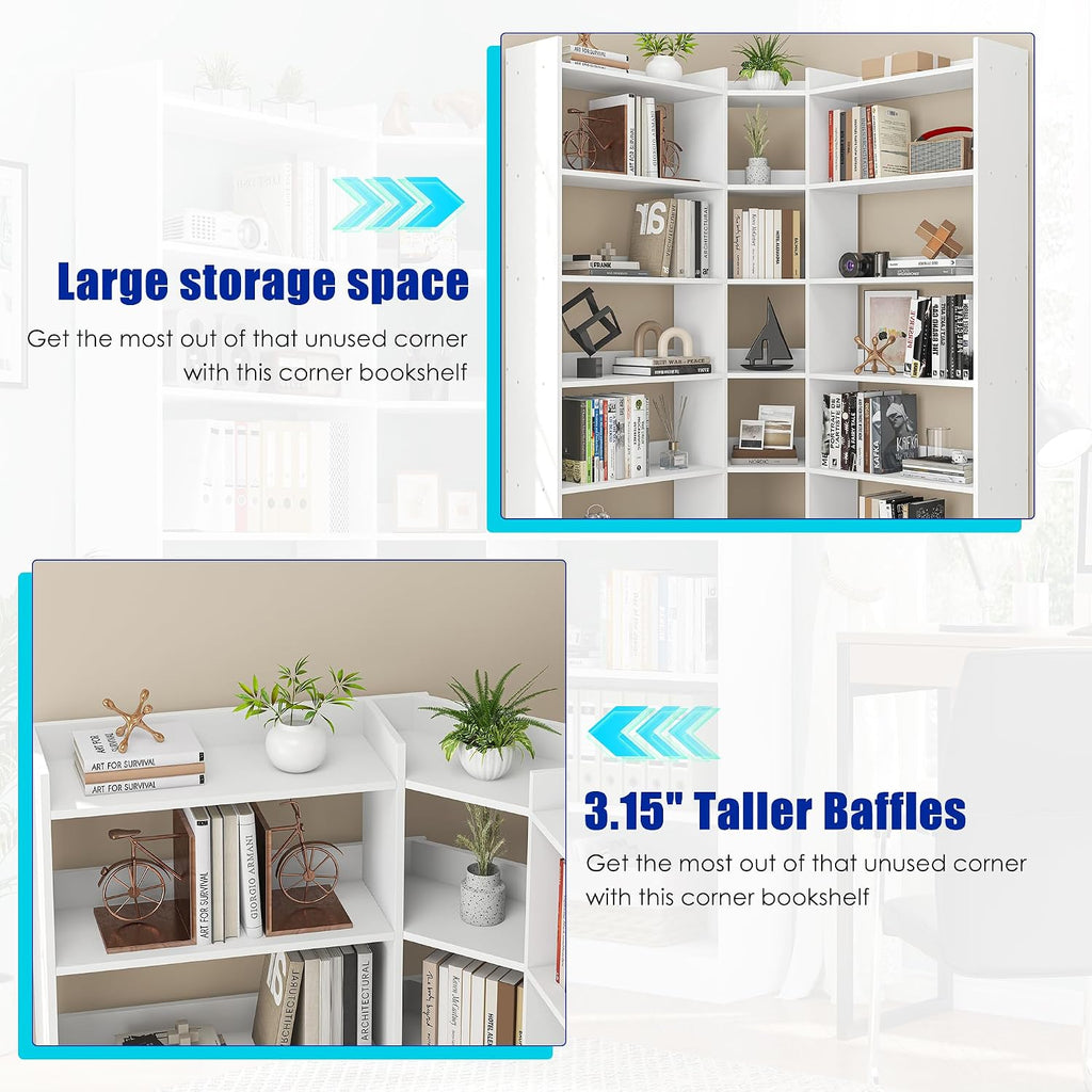 Nosepen 70.8' Tall Corner Bookshelf and Bookcases, 7 Tiers Morden Large Etagere Bookcases Storage Display Rack with Baffle, Industrial L Shaped Bookshelves for Bedroom, Home Office, Living Room, White