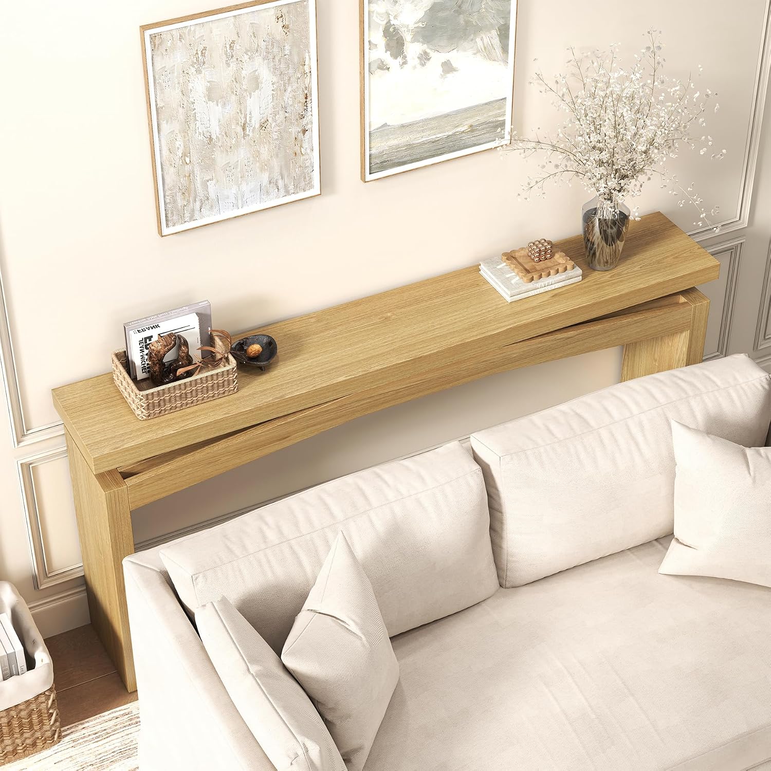 Epecoya Extra Long Console Tables for Living Room, Slim Entryway Table 63 Inches Long, Wooden Couch Table Behind Sofa for Hallway, Living Room, Home, Natural Teak