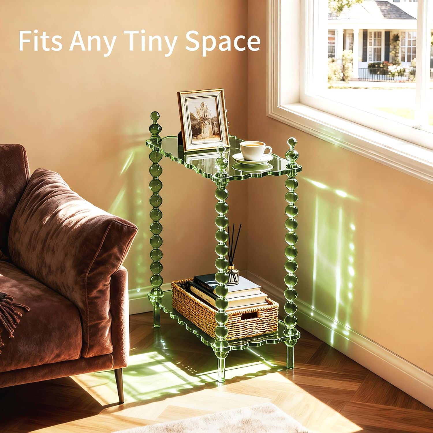 Acrylic Side Table 2-Tier, Clear Nightstand with Storage, Narrow Bedside End Table for Small Spaces (Green, 20.6'×10.4'×26')