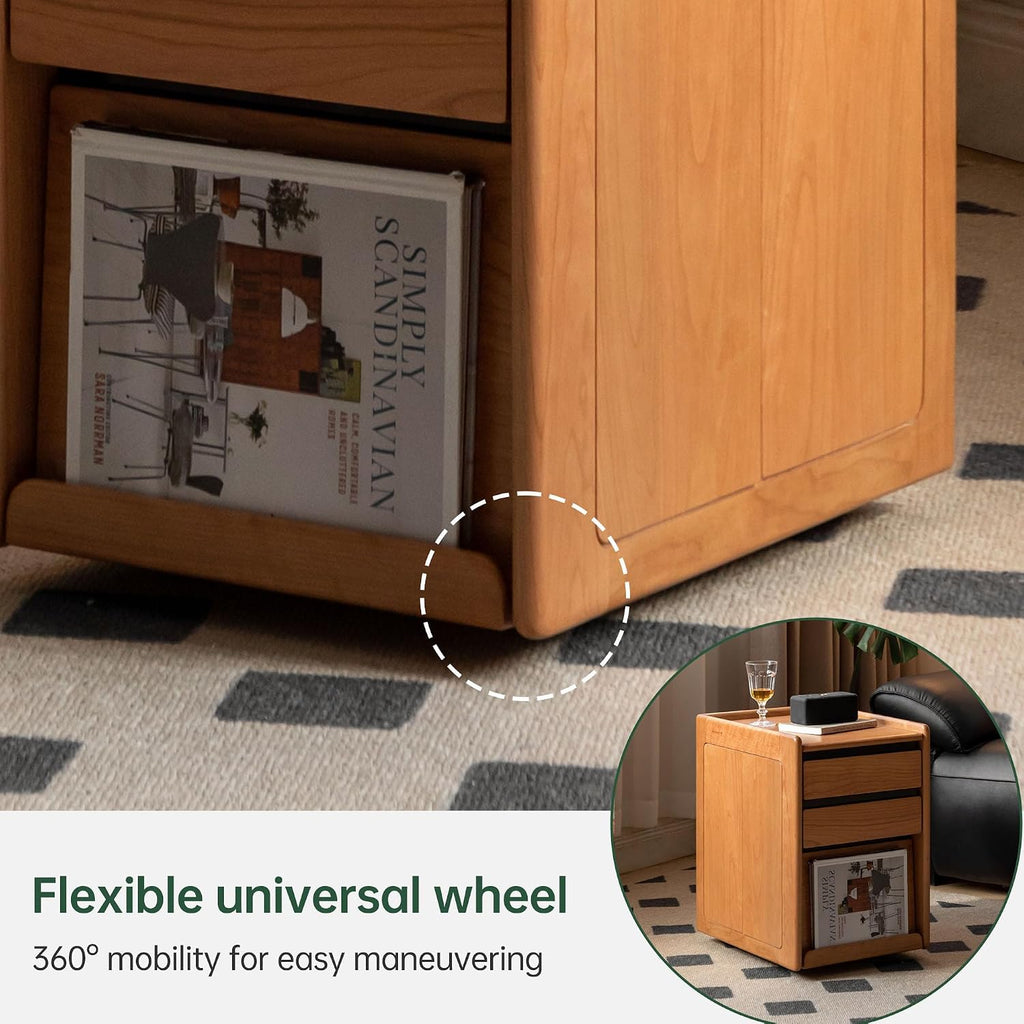 YESWOOD Solid Cherry Wood Side Table with Wheels, Narrow Side Tables with Storage Drawers, Rolling Wood Nightstand for Bedroom Living Room Study(Cherry Color, 22.76' H)