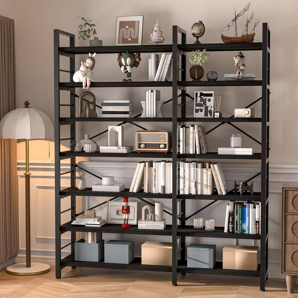 7-Tier Corner Bookshelf, Reversible Wooden Shelves, Industrial Bookcase with Open Shelves and Sturdy Metal Frame, Display Shelf Storage Rack for Living Room, Bedroom, Home Office (Black)
