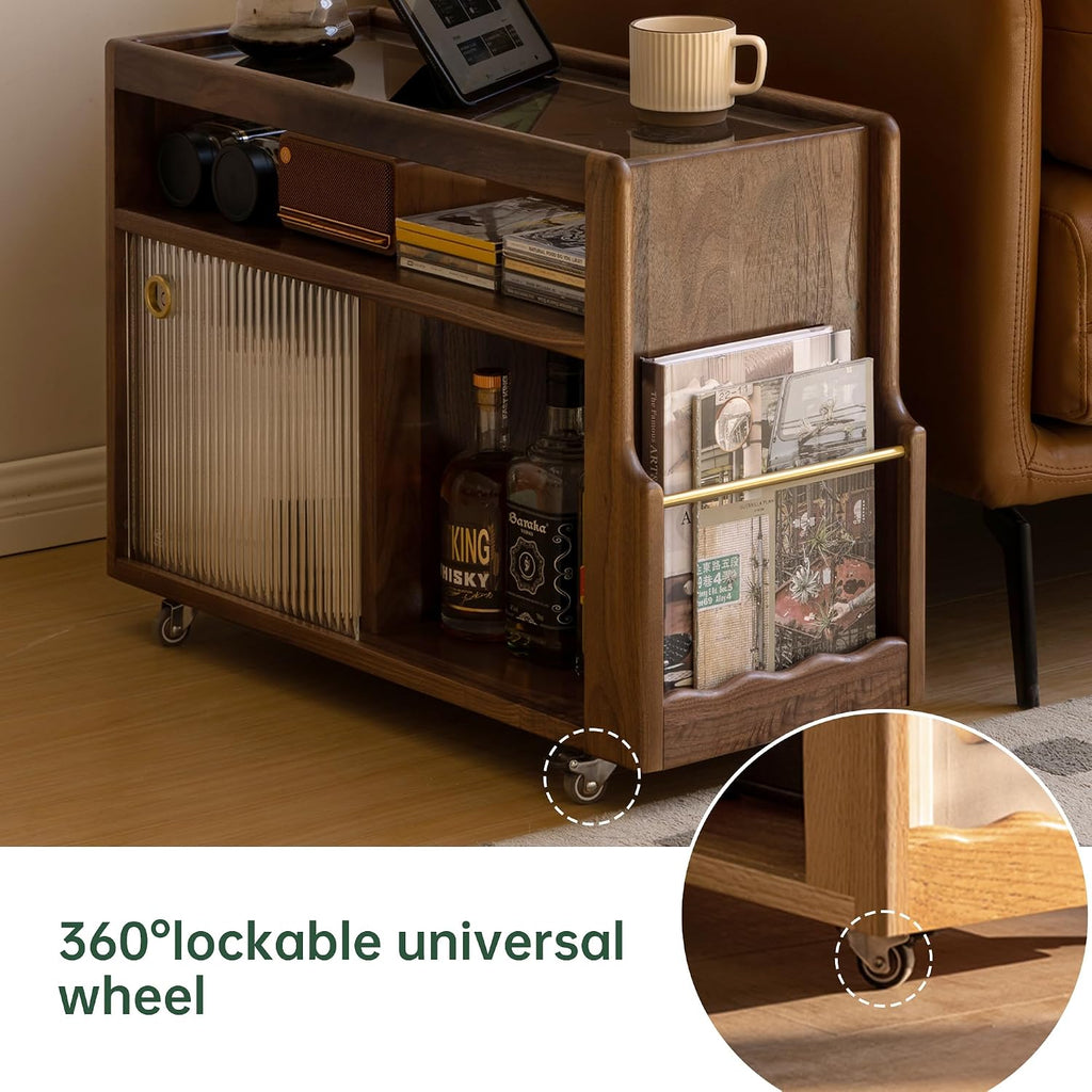 Solid Wood Side Table with Wheels, Narrow Side Table with Storage, Rolling Bedside Table for Bedroom Living Room Dining Room(Walnut, 27.95' D x 11.42' W x 19.88' H)