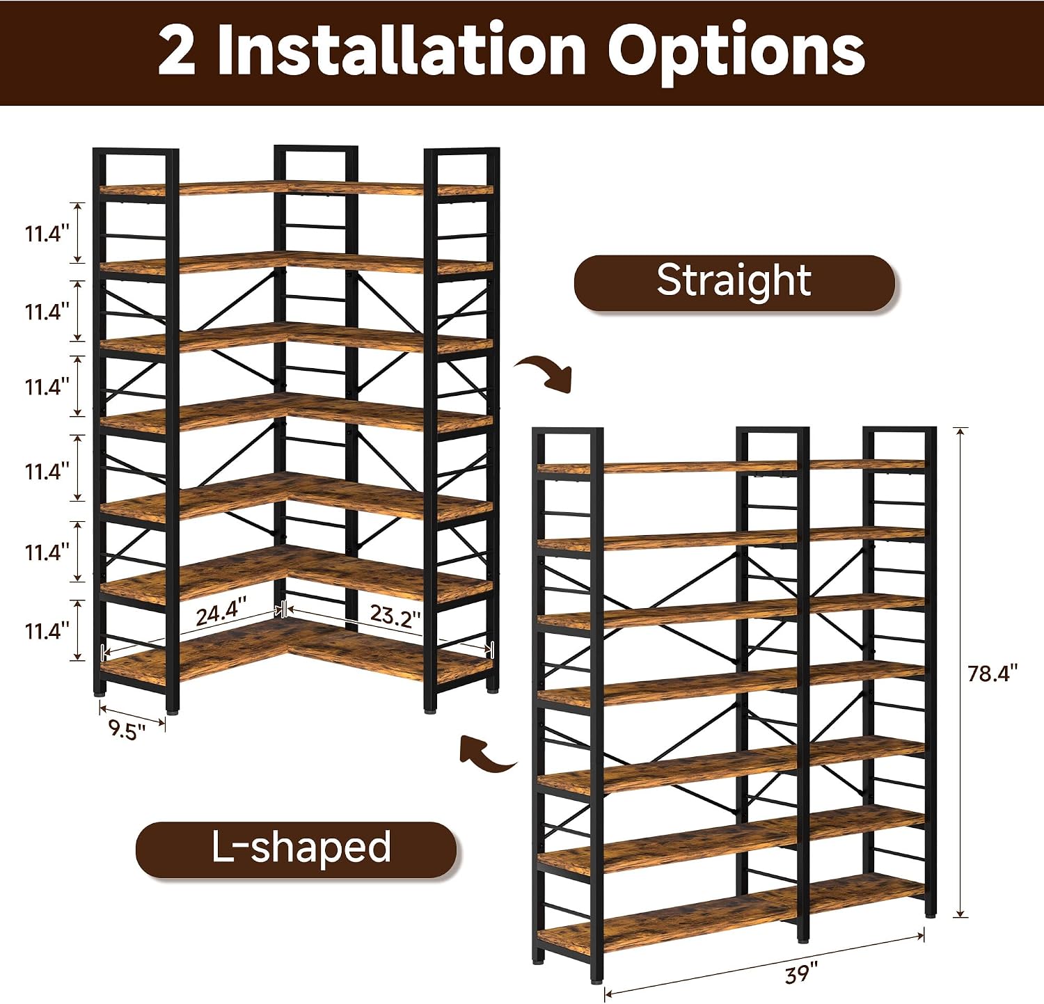 7-Tier Corner Bookshelf, Reversible Wooden Shelves, Industrial Bookcase with Open Shelves and Sturdy Metal Frame, Display Shelf Storage Rack for Living Room, Bedroom, Home Office (Rustic Brown)