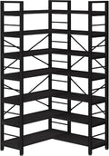 7-Tier Corner Bookshelf, Reversible Wooden Shelves, Industrial Bookcase with Open Shelves and Sturdy Metal Frame, Display Shelf Storage Rack for Living Room, Bedroom, Home Office (Black)