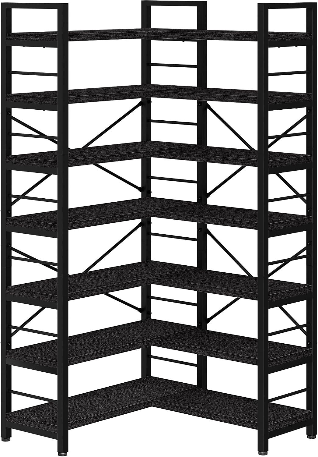 7-Tier Corner Bookshelf, Reversible Wooden Shelves, Industrial Bookcase with Open Shelves and Sturdy Metal Frame, Display Shelf Storage Rack for Living Room, Bedroom, Home Office (Black)