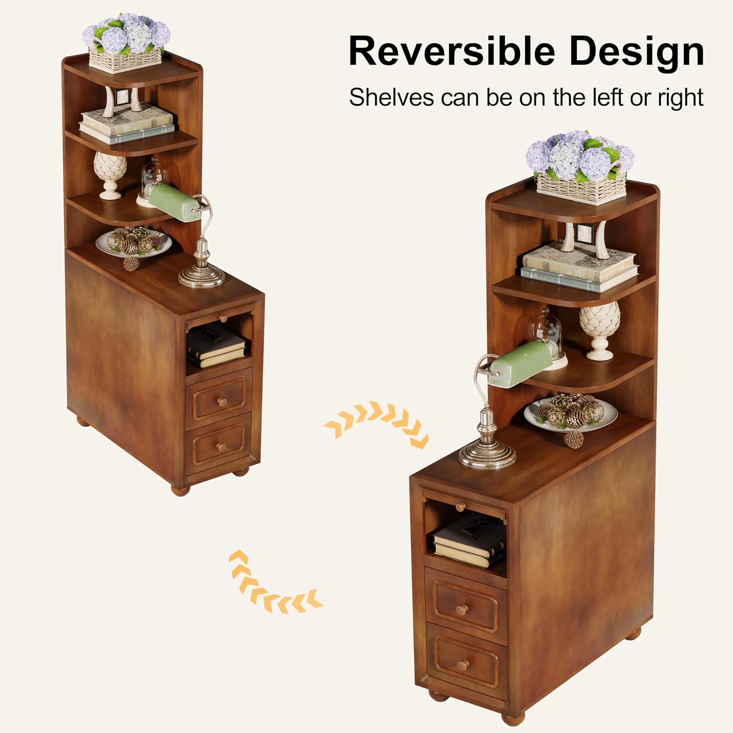 Solid Wood End Table with Drawers and Reversible Corner Shelves, Tall Narrow Side Table with Storage High Slim Chair Solid Side Table, Walnut