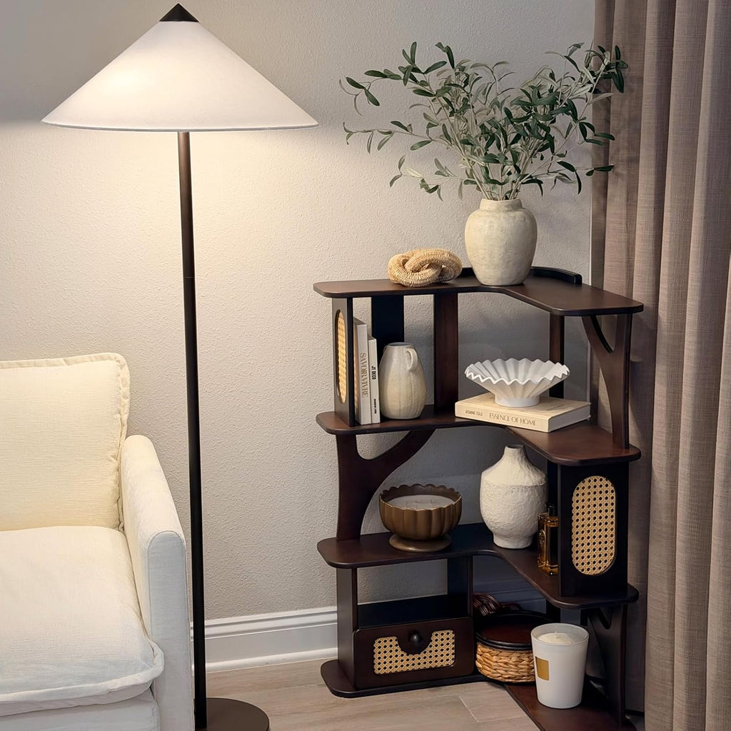 Rubber Wood Corner Shelf, 4 Tier Modern Corner Bookshelf, Freestanding Display Shelf Stand for Home Office, Living Room, Bedroom