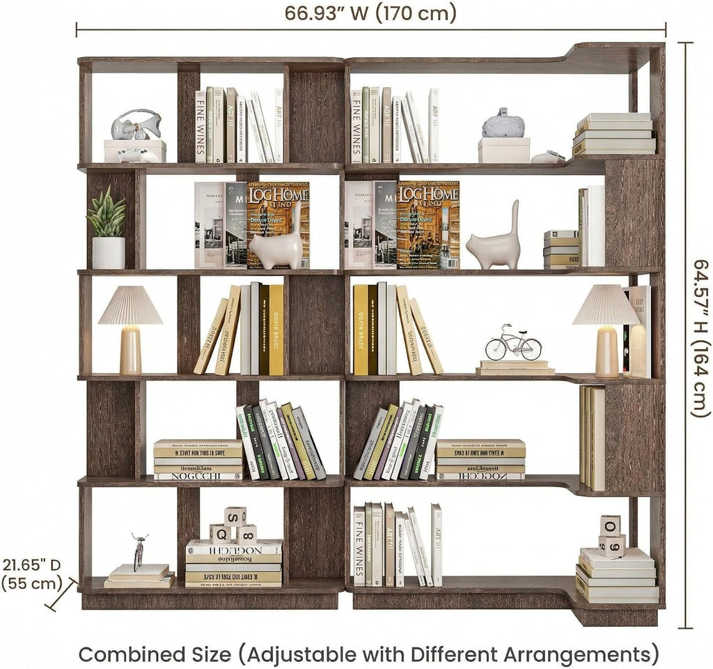 Corner Bookshelf, L Shaped, Set of 2,Dark Brown | Modular Geometric Design, Large Storage Display, Freestanding Wooden Unit, For Living Room Home Office