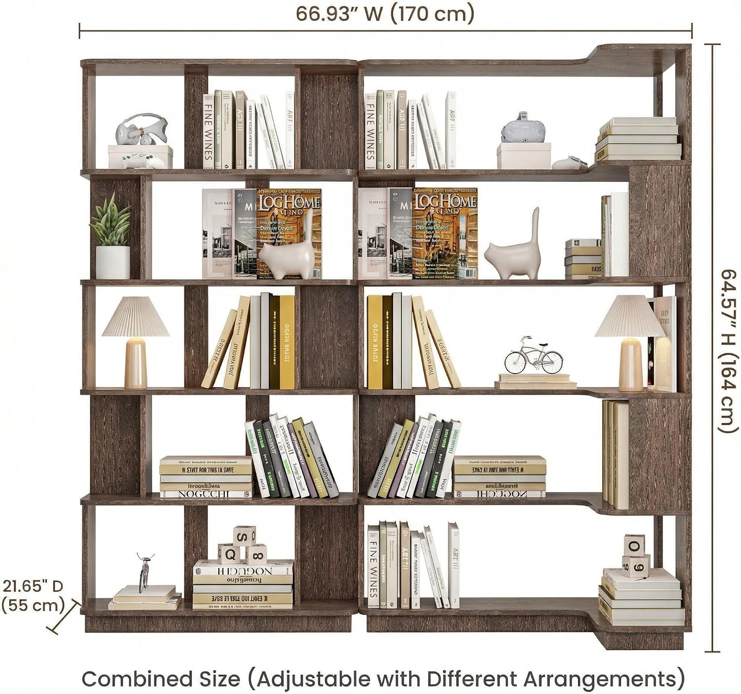Corner Bookshelf, L Shaped, Set of 2,Dark Brown | Modular Geometric Design, Large Storage Display, Freestanding Wooden Unit, For Living Room Home Office