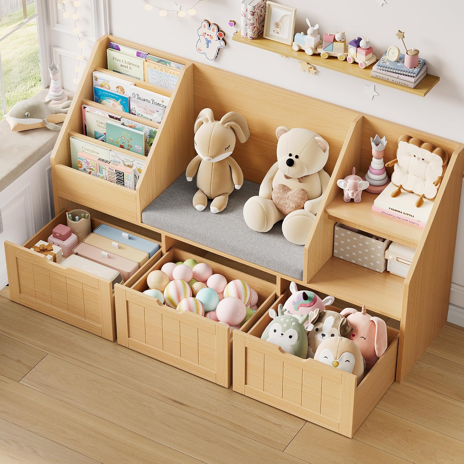 FOTOSOK 55.1'' Kids Bookshelf with Reading Nook, Toy Storage Organizer with Seat Cushion and 3 Movable Drawers, Kids Reading Nook Toy Organizers and Storage with Bench for Playroom, Bedroom, Natural