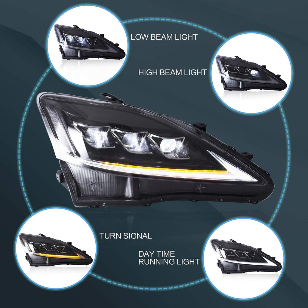VLAND Headlights and Tail lights Fit for Lexus IS250 IS350 IS22d 2006-2012, ISF 2008-2014 4-Door, Clear+ Red