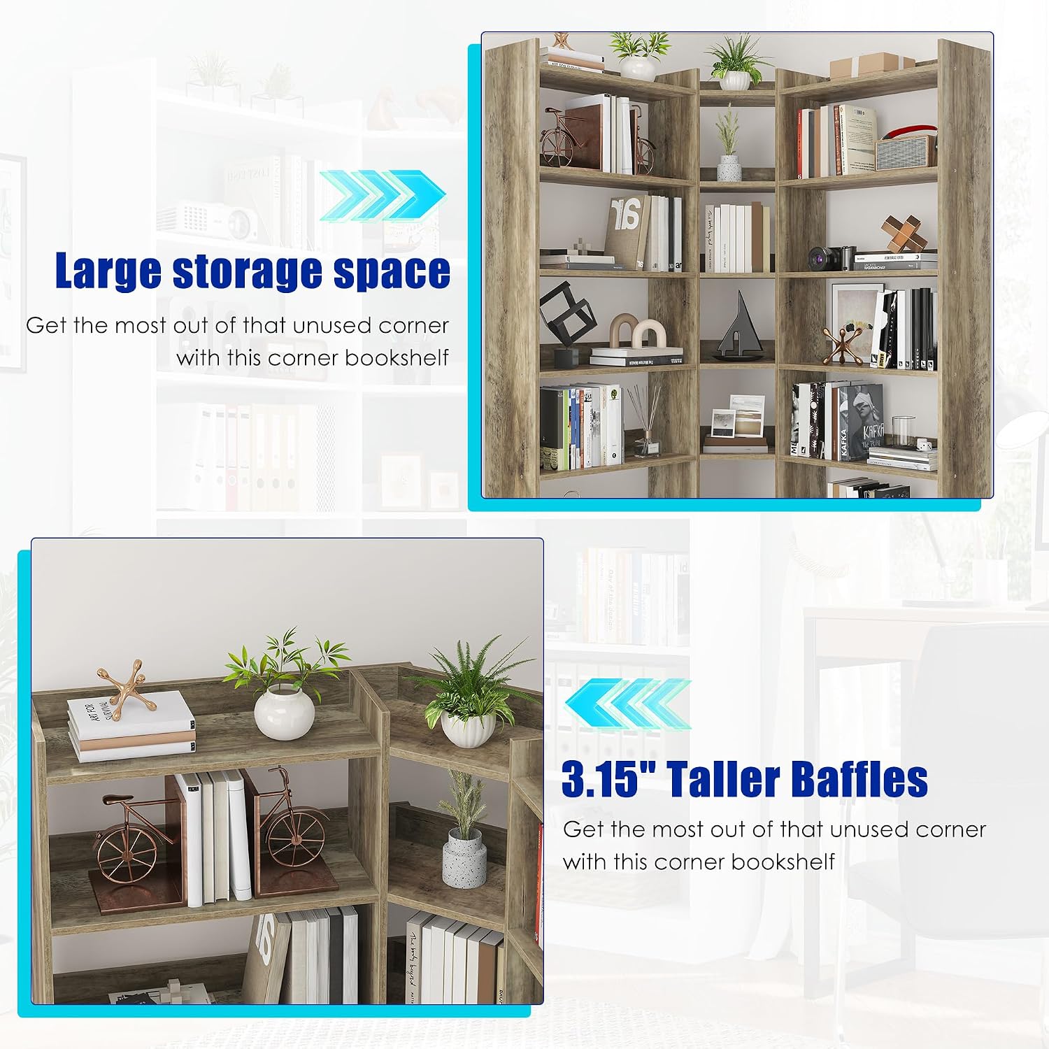 Nosepen 70.8' Tall Corner Bookshelf and Bookcases, 7 Tiers Morden Large Etagere Bookcases Storage Display Rack with Baffle, Industrial L-Shaped Bookshelves for Bedroom, Home Office, Living Room, Brown