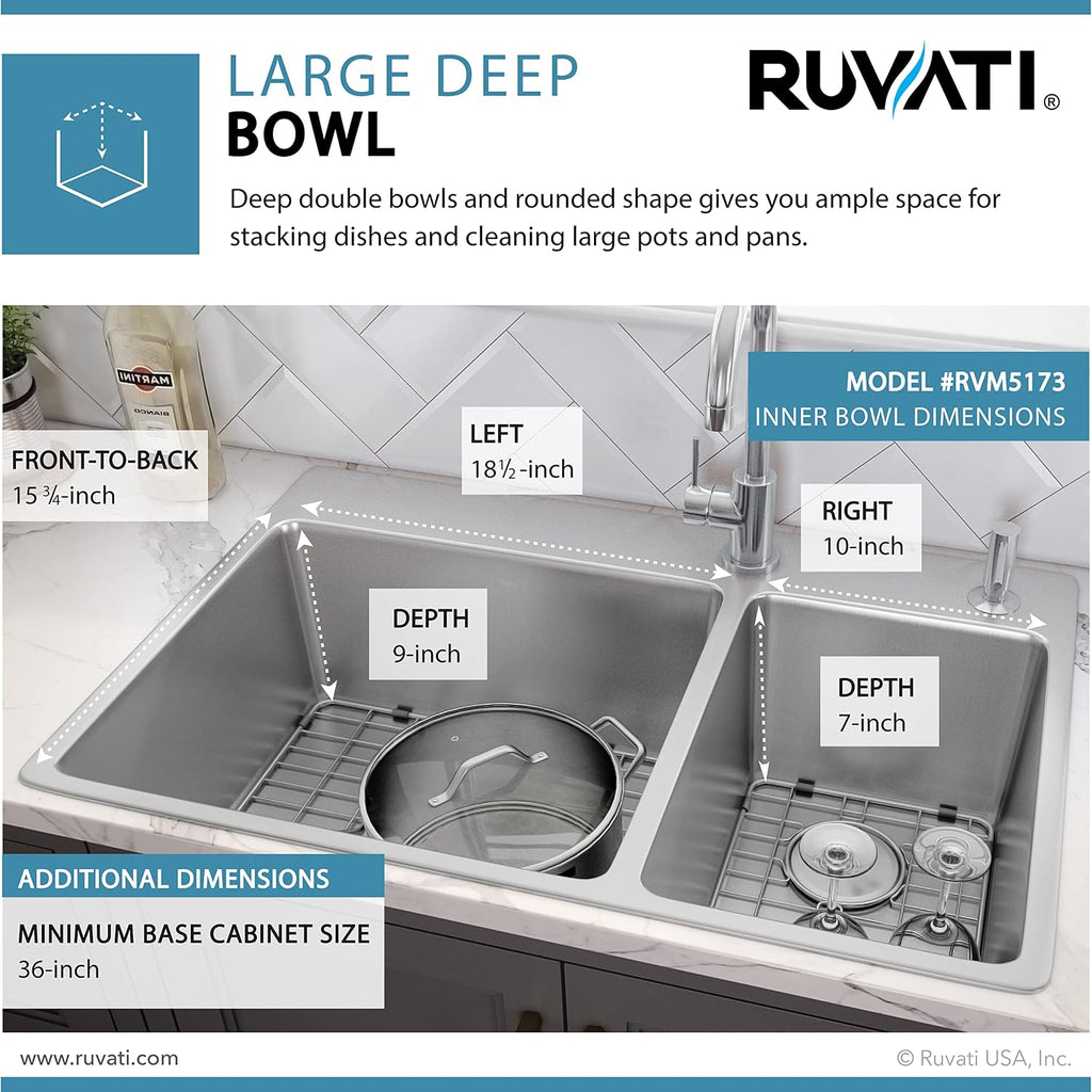 Ruvati 33 x 22 inch Drop-in Topmount Kitchen Sink 16 Gauge Stainless Steel 70/30 Double Bowl - RVM5173