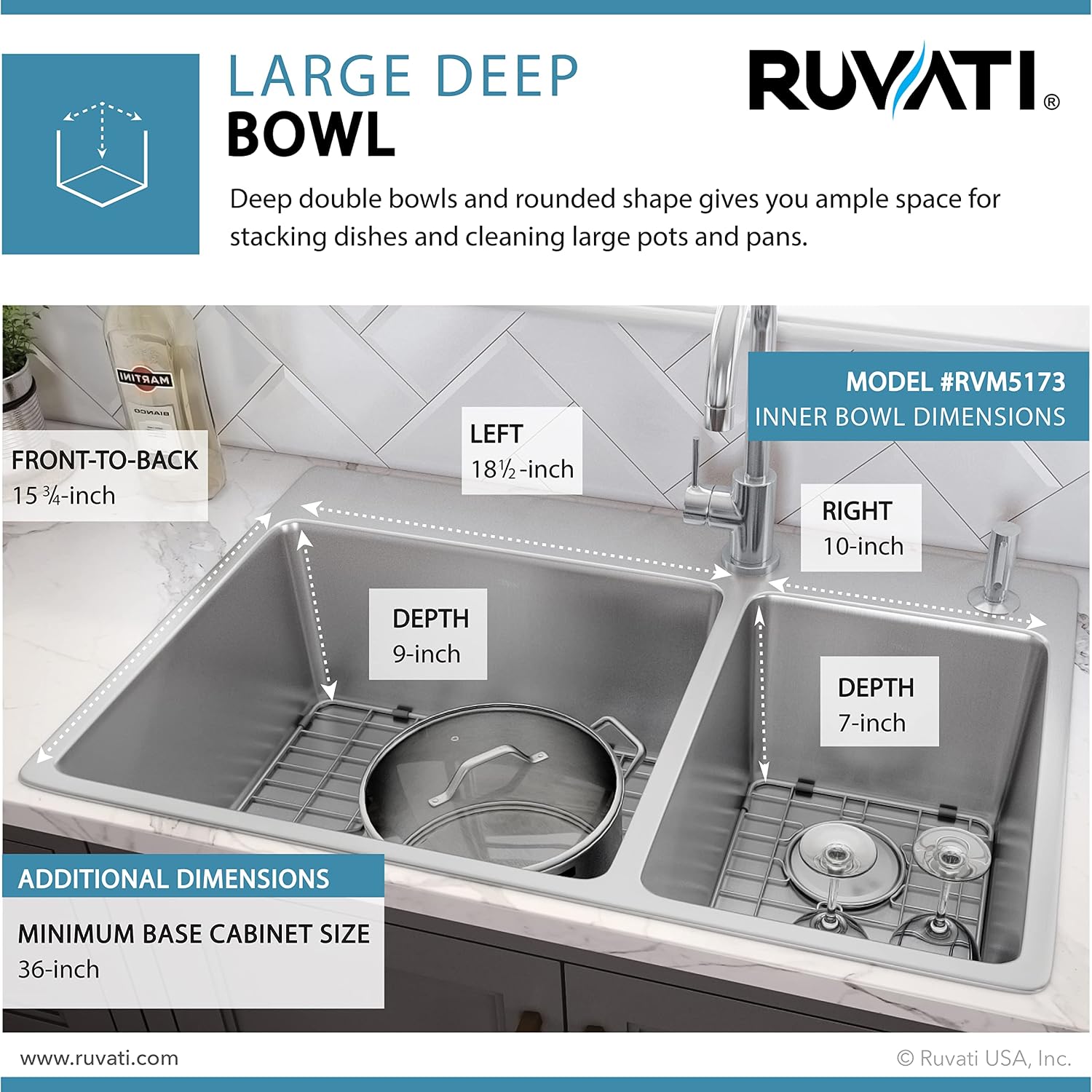 Ruvati 33 x 22 inch Drop-in Topmount Kitchen Sink 16 Gauge Stainless Steel 70/30 Double Bowl - RVM5173