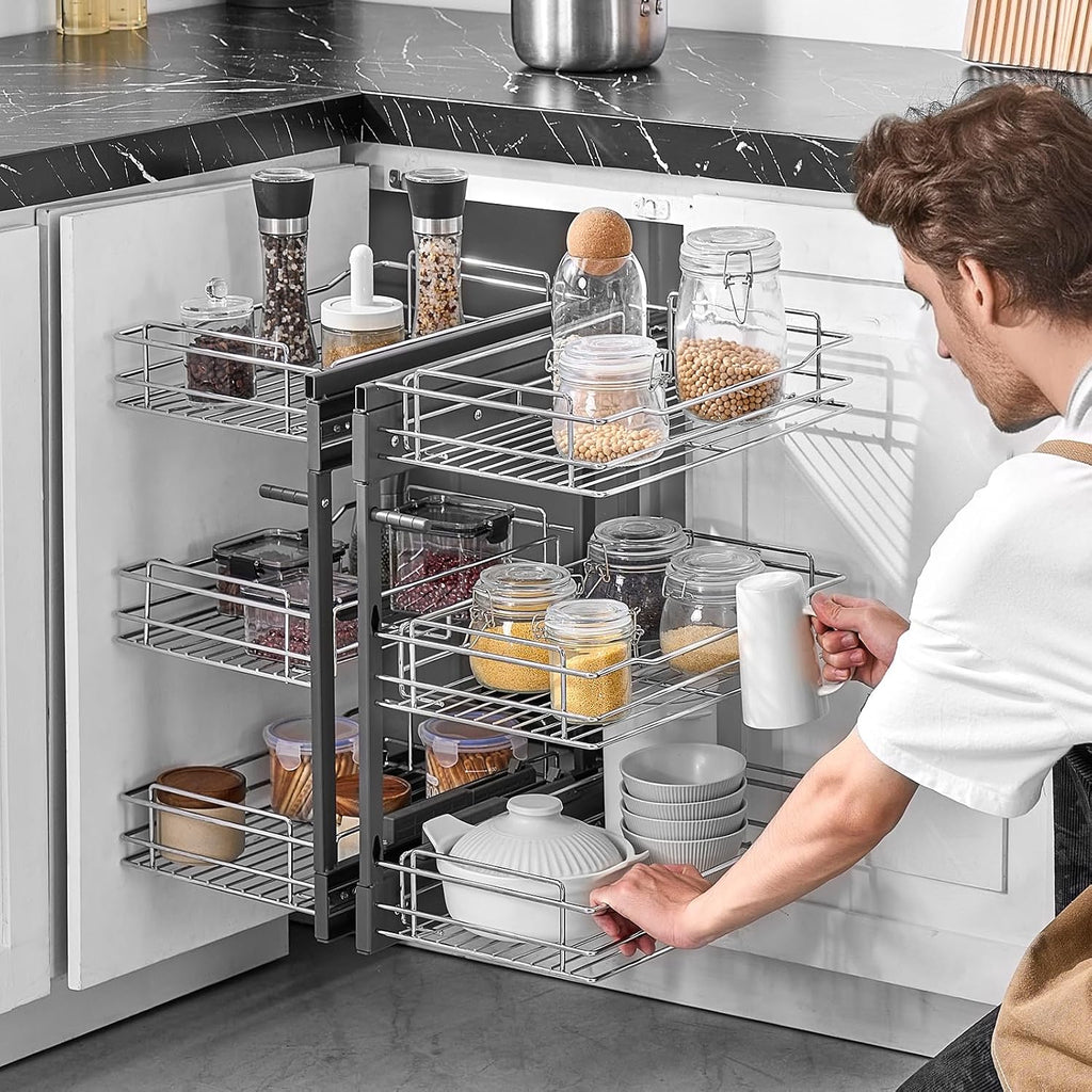 VEVOR 3 Tier 6 Shelf Chrome Carbon Steel Kitchen Cabinet Organizer, Slide Out Storage, Space Saving, Silver, For 15' Width, Food, Jars, Cans, Cookware, Pans, Mugs