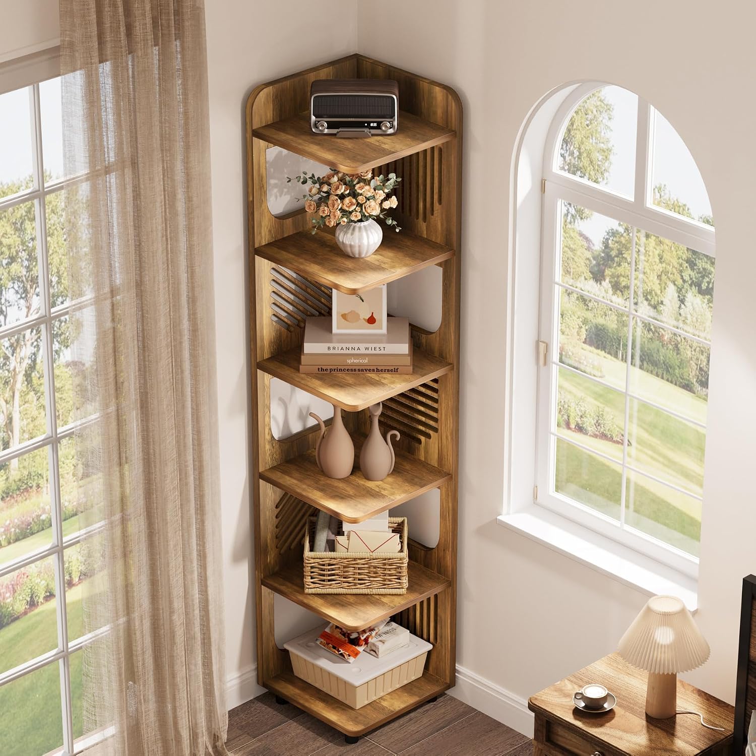 Tribesigns 6-Tier Tall Corner Shelf, 71-Inch Rustic Narrow Corner Bookshelf Bookcase with Square Rack, Freestanding Corner Display Storage Shelf Organizer for Living Room, Kitchen, Office, Yellow