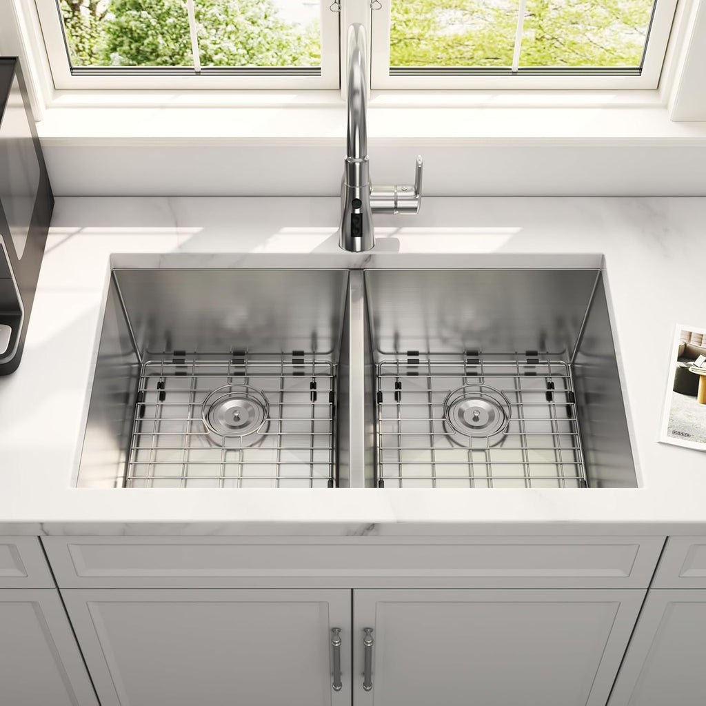 32 Inch Undermount Double Bowl Kitchen Sink 16 Gauge Stainless Steel 50/50 Deep Rectangular Sinks with Strainer & Bottom Grid 32' x 19' x 10'
