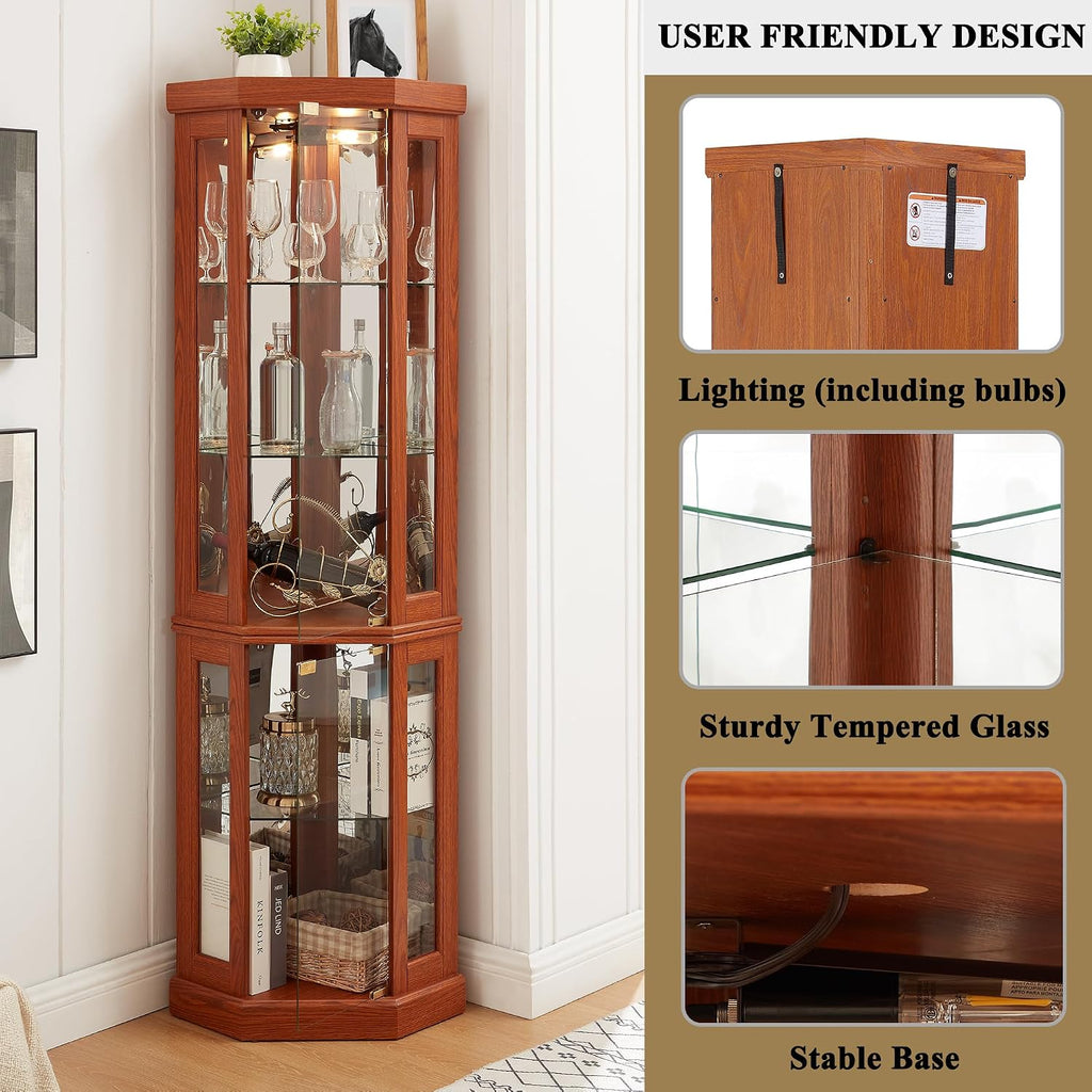 69' H Lighted Corner Curio Cabinet, 5-Tier Curio Glass Display Cabinet w/Glass Door & Adjustable Shelves, Wooden Display Showcase Corner Storage Cabinet for Living Room(Dark Oak)