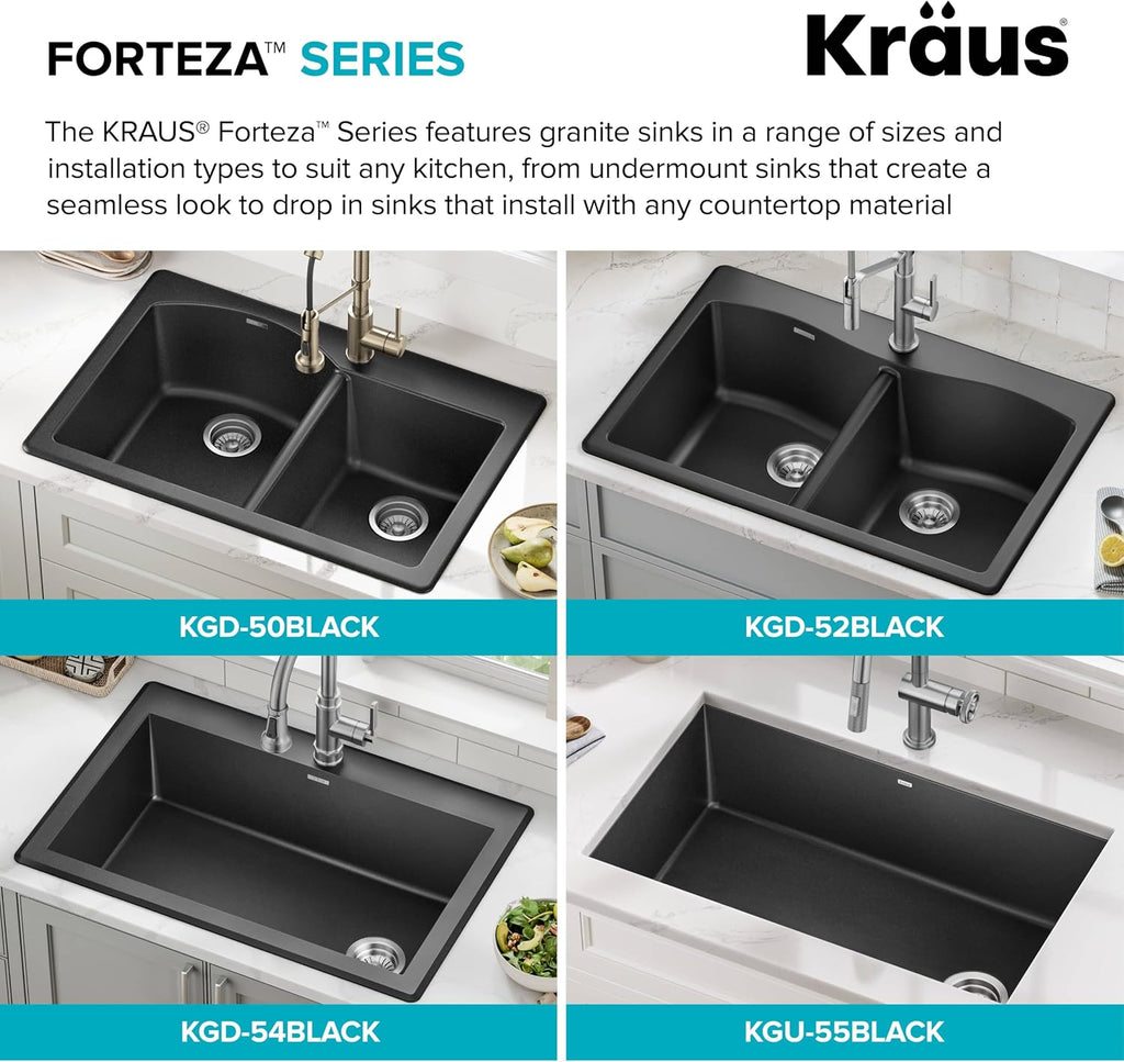KRAUS Forteza 33-inch Drop In/Undermount Single Bowl Granite Kitchen Sink in Grey, KGD-54GREY
