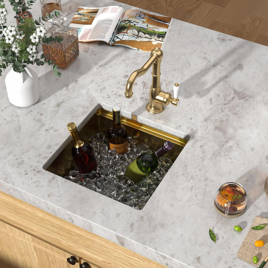 Undermount Bar Sink - 17x17 Inch Workstation Gold Wet Bar Stainless Steel 16 Gauge Single Bowl Under Counter Small Prep Sinks with Cutting Board and Assembly #TLU-0020