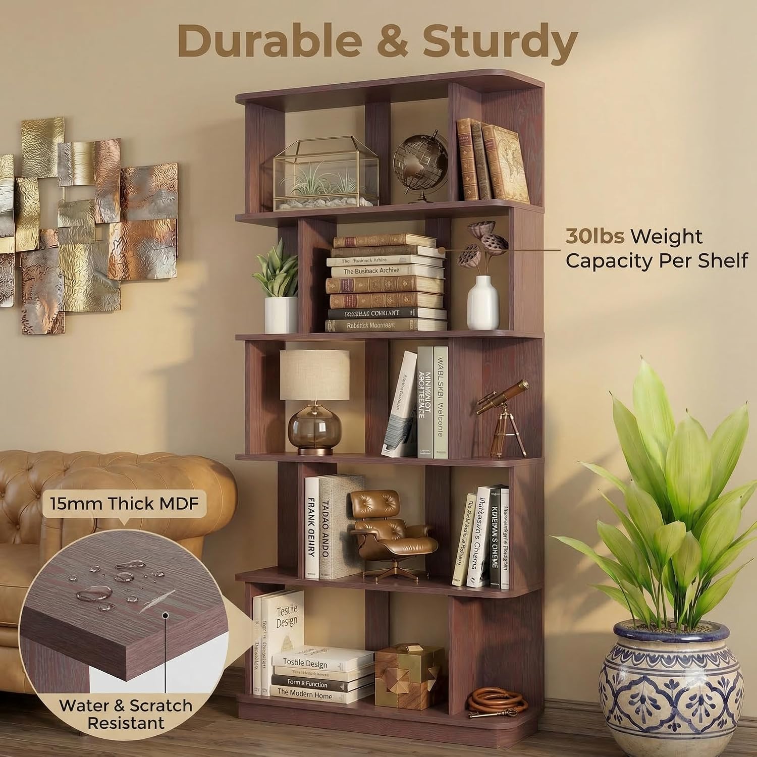 5-Tier Tall Bookshelf, Narrow Wood Bookcase, Ox Blood Red | 64.56' freestanding open display shelf for books, décor, and storage in living rooms, bedrooms, or home offices