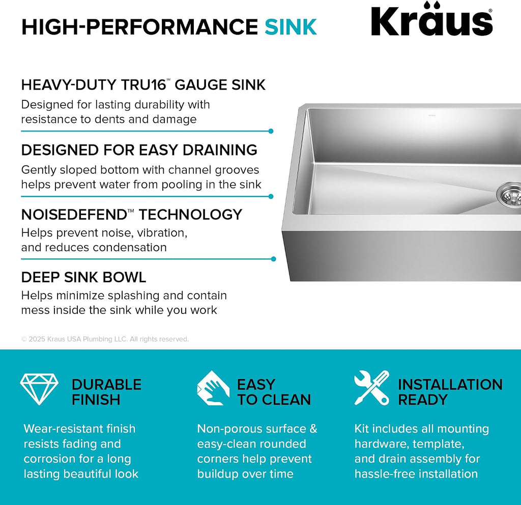KRAUS Standart Pro 33-Inch Flat Apron Front Farmhouse 16-Gauge Single Bowl Stainless Steel Kitchen Sink, KHF410-33