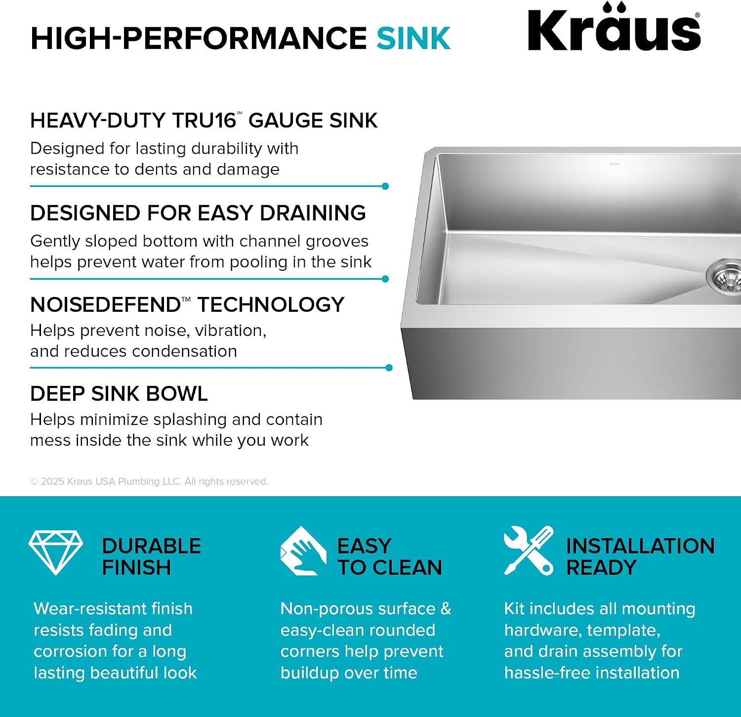 KRAUS Standart Pro 33-Inch Flat Apron Front Farmhouse 16-Gauge Single Bowl Stainless Steel Kitchen Sink, KHF410-33