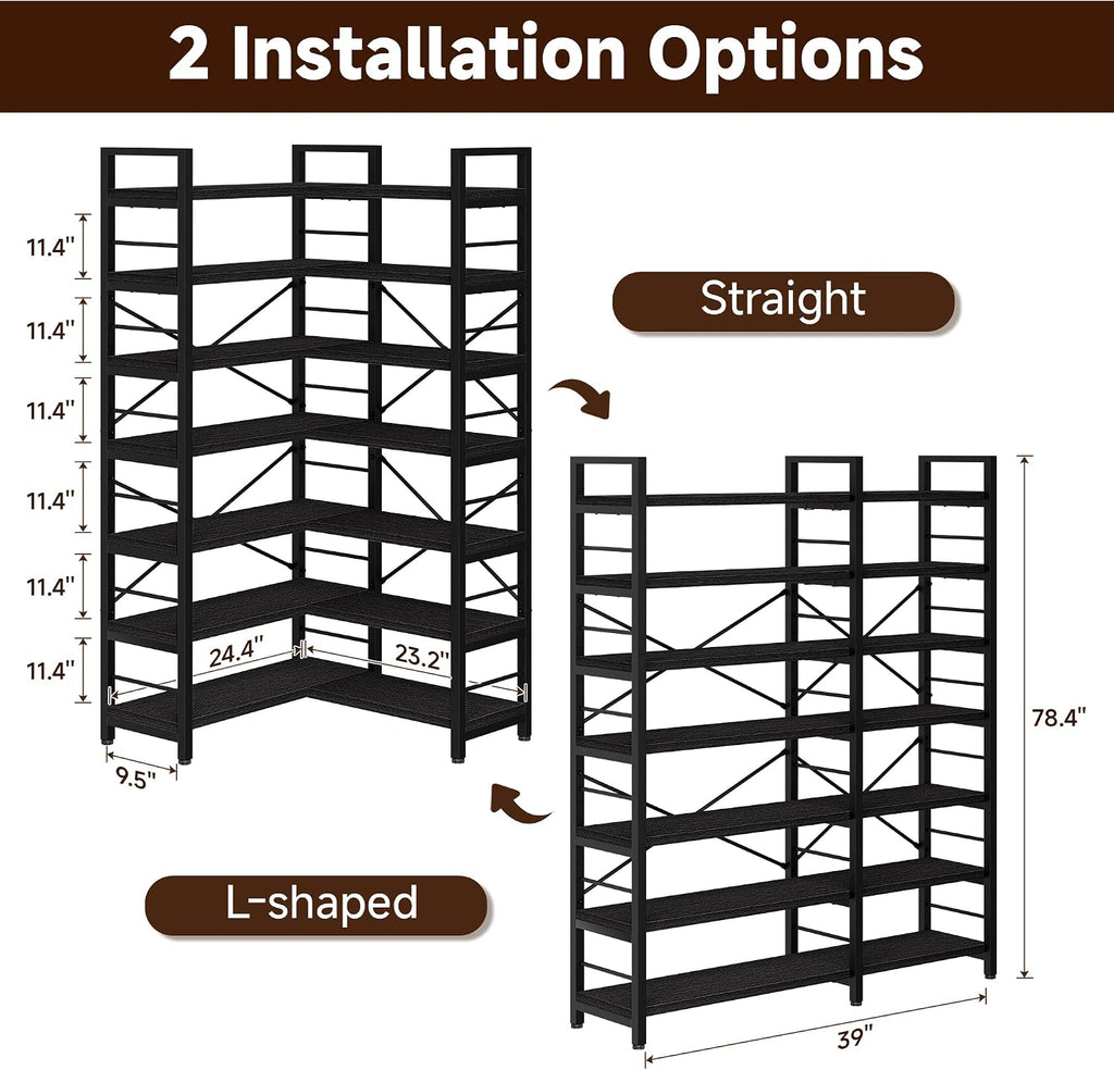 7-Tier Corner Bookshelf, Reversible Wooden Shelves, Industrial Bookcase with Open Shelves and Sturdy Metal Frame, Display Shelf Storage Rack for Living Room, Bedroom, Home Office (Black)