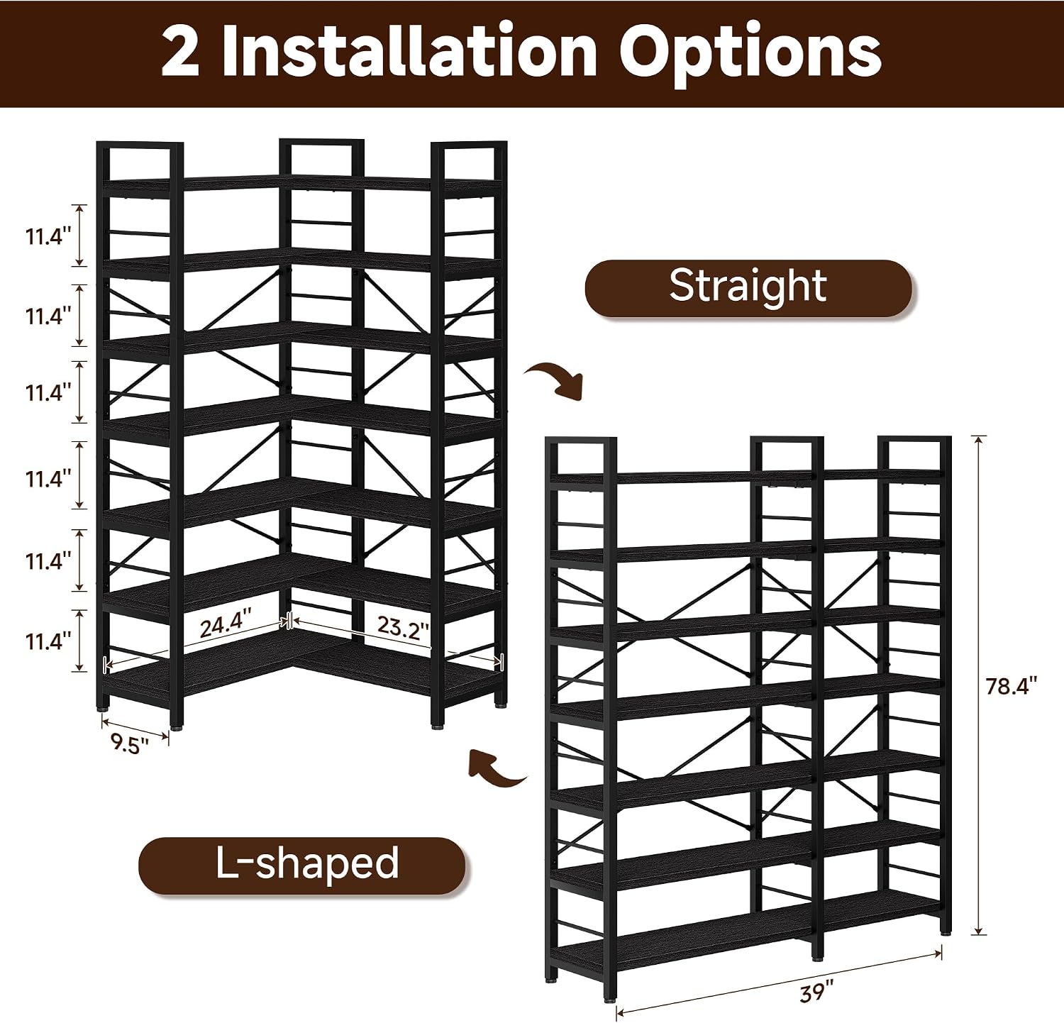 7-Tier Corner Bookshelf, Reversible Wooden Shelves, Industrial Bookcase with Open Shelves and Sturdy Metal Frame, Display Shelf Storage Rack for Living Room, Bedroom, Home Office (Black)