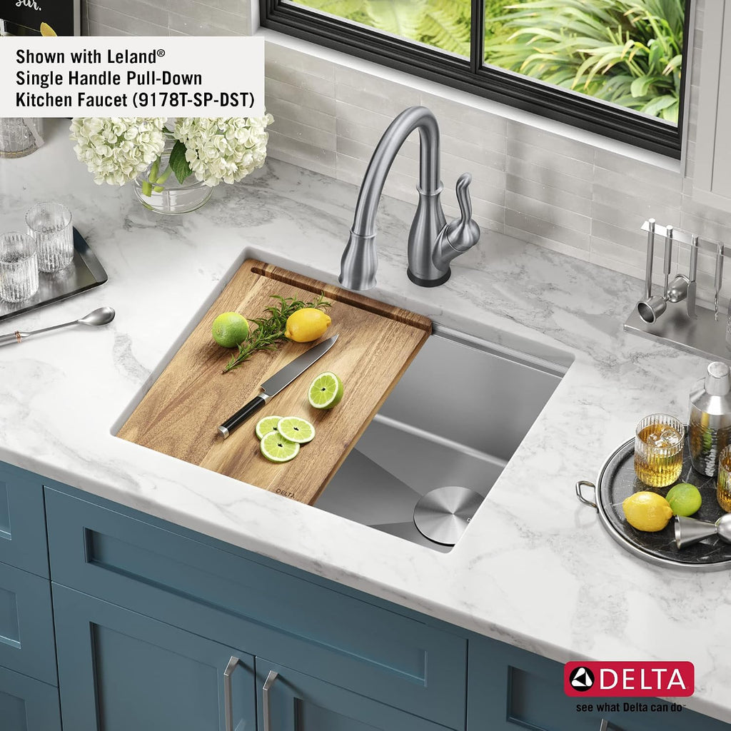 DELTA FAUCET Lorelai 23-inch Workstation Kitchen Sink Undermount 16 Gauge Stainless Steel Single Bowl with WorkFlow Ledge and Kit of 5 Accessories, 95B9132-23S-SS