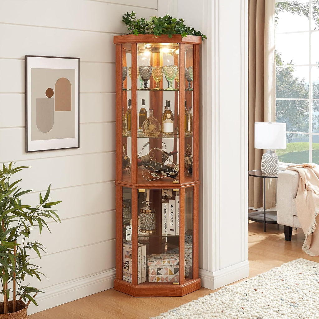 69' H Lighted Corner Display Cabinet, Curio Corner Glass Cabinet w/Adjustable Shelves & Glass Door, 5-Tier Wooden Storage Display Case w/Mirrored Back Pane for Living Room (Dark Oak)