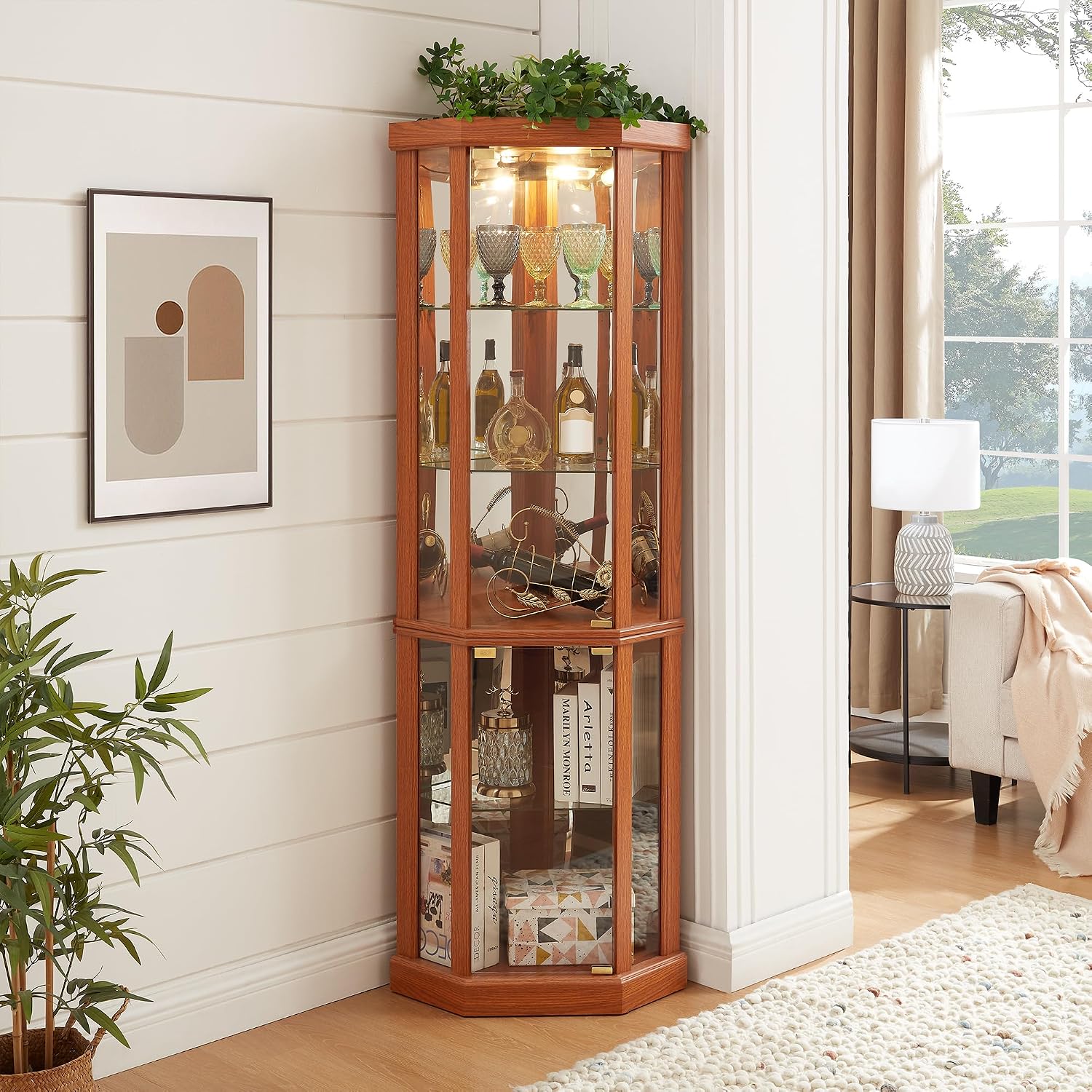 69' H Lighted Corner Display Cabinet, Curio Corner Glass Cabinet w/Adjustable Shelves & Glass Door, 5-Tier Wooden Storage Display Case w/Mirrored Back Pane for Living Room (Dark Oak)