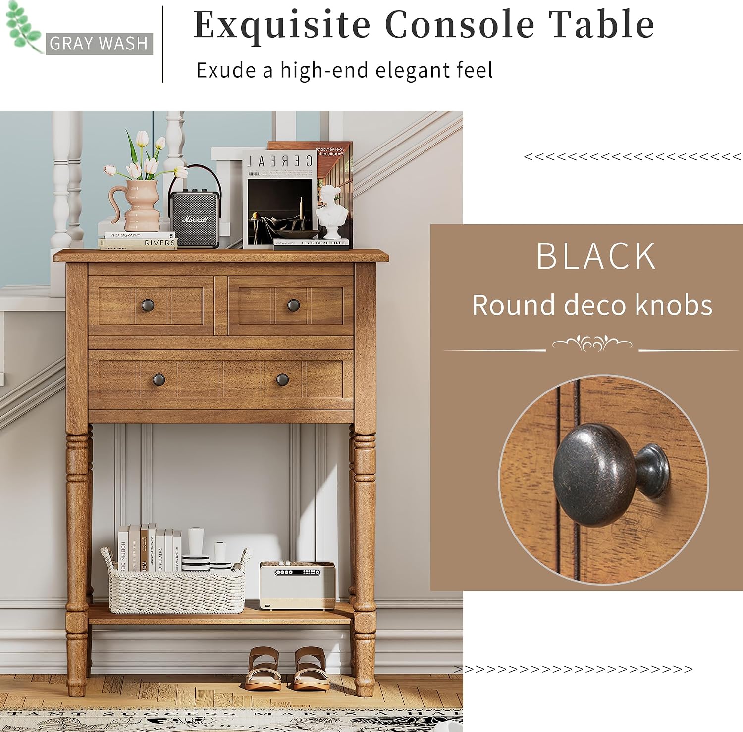 P PURLOVE Antique Narrow Console Table,Slim Sofa Entry Table with 3 Storage Drawer for Living Room,Entryway