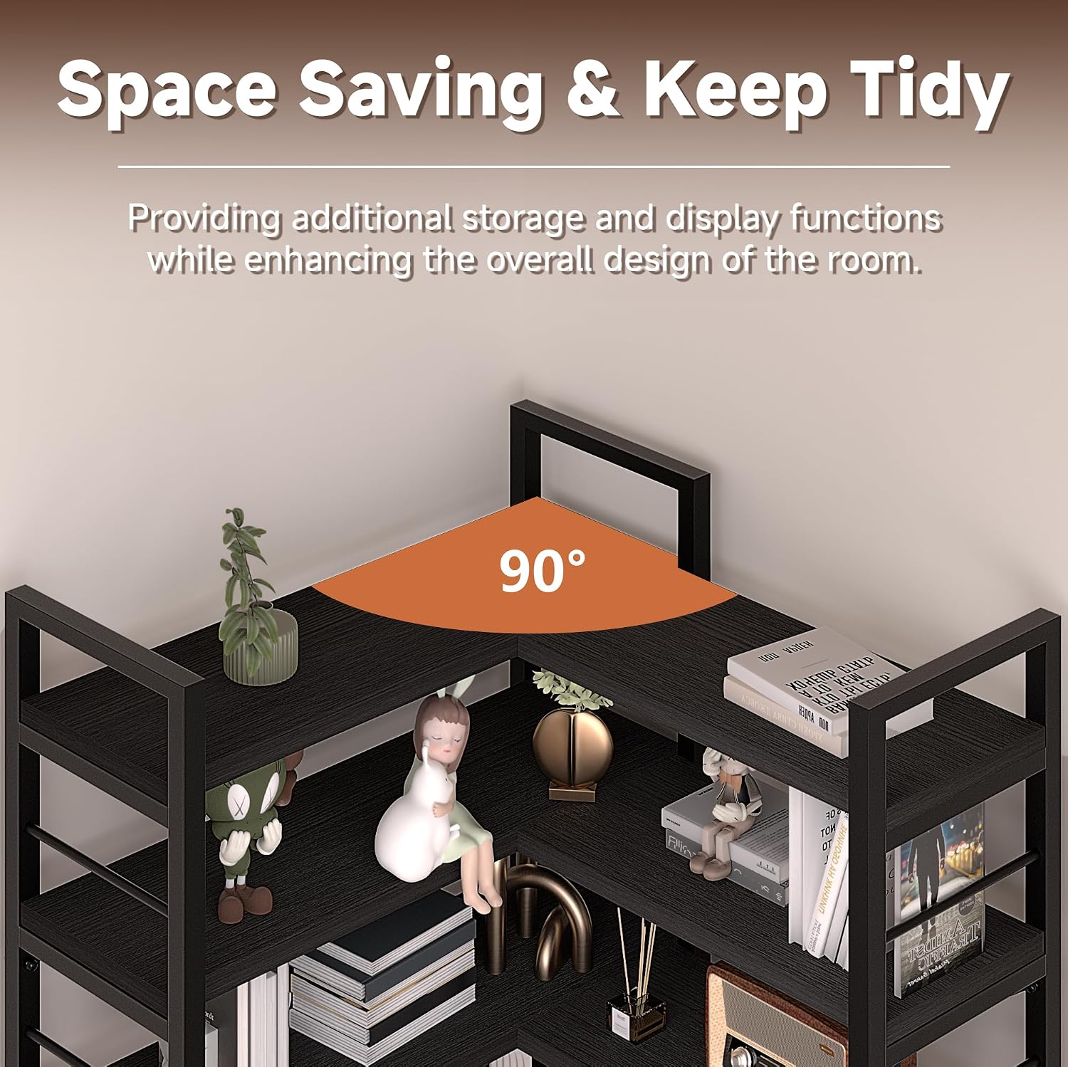 7-Tier Corner Bookshelf, Reversible Wooden Shelves, Industrial Bookcase with Open Shelves and Sturdy Metal Frame, Display Shelf Storage Rack for Living Room, Bedroom, Home Office (Black)