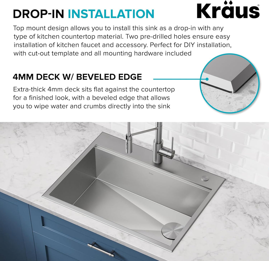 KRAUS Kore 30-Inch Drop In/Top Mount Workstation 16 Gauge Single Bowl Stainless Steel Kitchen Sink with Accessories, KWT310-30