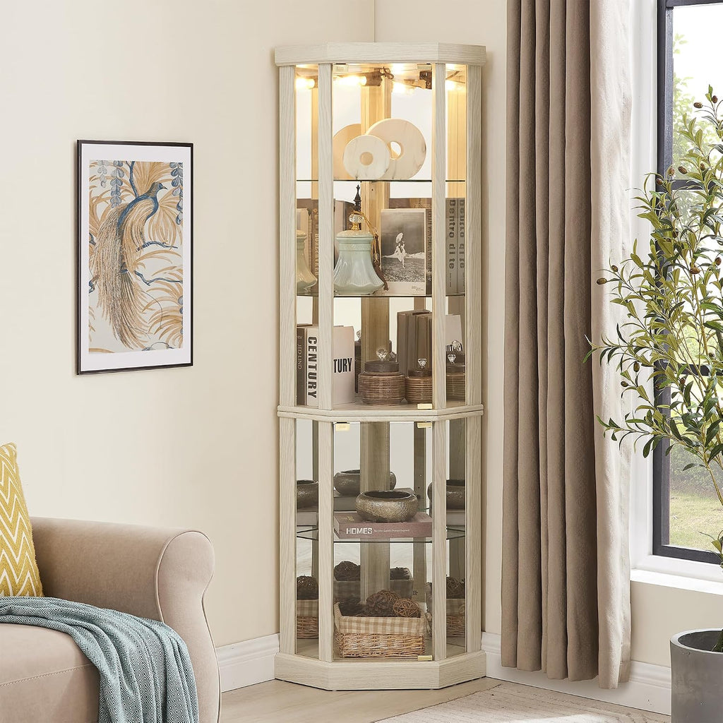 69' H Lighted Corner Display Cabinet, Curio Corner Glass Cabinet w/Adjustable Shelves & Glass Door, 5-Tier Wooden Storage Display Case w/Mirrored Back Pane for Living Room (Antique White)