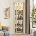 69' H Lighted Corner Display Cabinet, Curio Corner Glass Cabinet w/Adjustable Shelves & Glass Door, 5-Tier Wooden Storage Display Case w/Mirrored Back Pane for Living Room (Antique White)